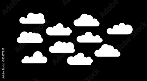 Vector white cartoon flat shape clouds set isolated on a black background. Abstract cloudscape, heaven and sky. Template for illustration