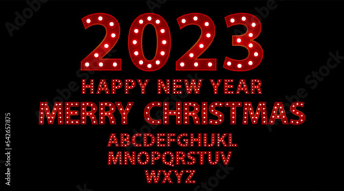 2023 happy new year merry christmas. Red letters with luminous glowing lightbulbs. Vector typography words design. Bright signboard signage.