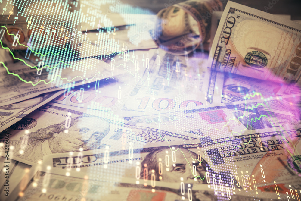 Multi exposure of forex chart drawing over us dollars bill background. Concept of financial success markets.