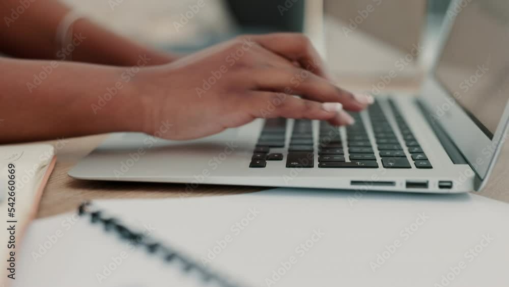 Laptop, hands and typing, black woman working closeup on business report or writing content for blog with technology. Digital, blogger or businesswoman work, online connection and internet with email Laptop, hands and typing, black woman working closeup on business report or writing content for blog with technology. Digital, blogger or businesswoman work, online connection and internet with email