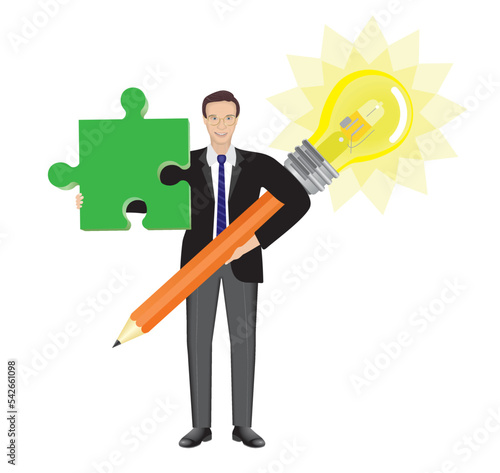 Smiling man with idea and solution. Holding jigsaw puzzle piece, pencil and lightbulb. Isolated on white. Vector illustration.