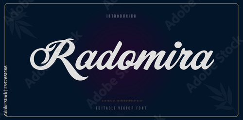 Radomira handwritten style font alphabet lettering template on black background. Elegant classic lettering. Typography modern serif fonts decorative asian design concept. vector illustration