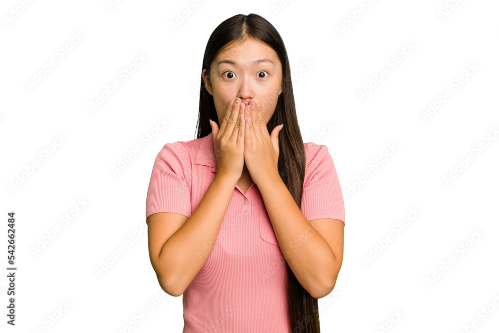 Young Asian woman isolated shocked, covering mouth with hands, anxious to discover something new. Young Asian woman isolated shocked, covering mouth with hands, anxious to discover something new.