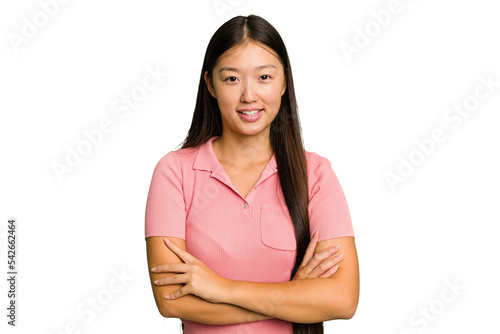 Young Asian woman isolated who feels confident, crossing arms with determination.