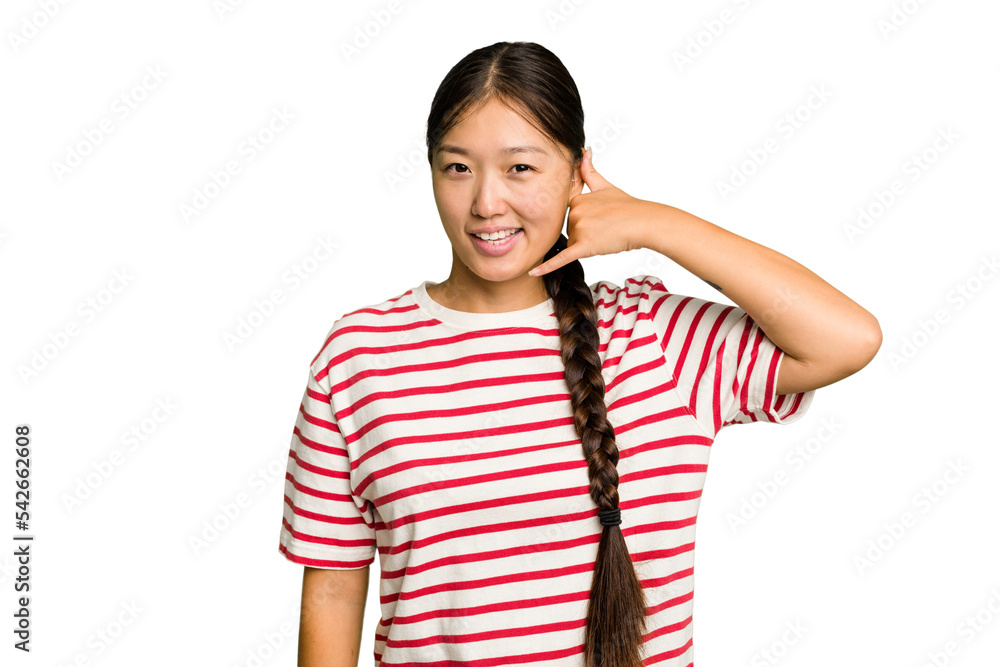 Young Asian woman isolated showing a mobile phone call gesture with fingers. Young Asian woman isolated showing a mobile phone call gesture with fingers.
