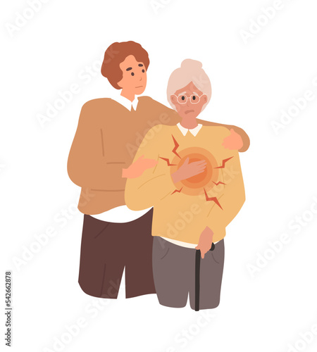 Flat Elderly, old woman got sharp chest pain, heart attack. Son help mother, heart attack care, support. Cardiovascular disease. Adult person clutching breast with painful facial expression