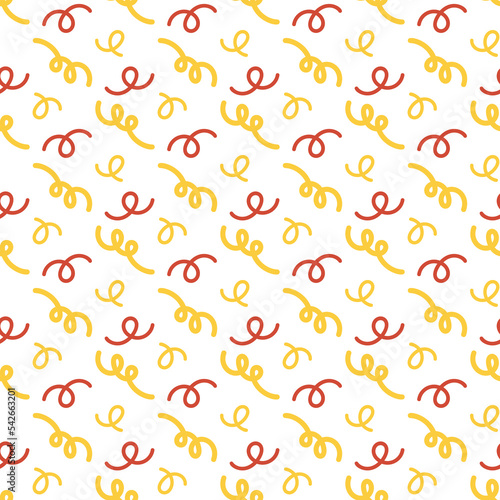 Hand drawn Simple seamless pattern with red and yellow serpentine and confetti. Christmas Vector for wrapping paper, fabric print, background design