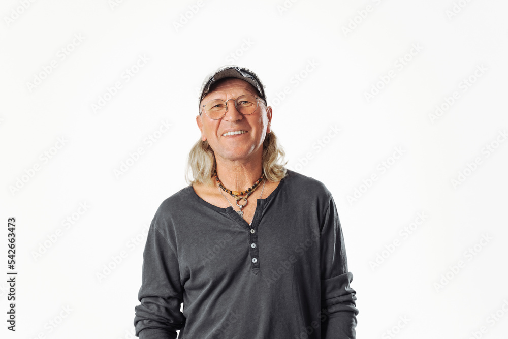 Happy grandpa senior man with gray hair smiles toothily shows perfect white teeth wears optical glasses Happy grandpa senior man with gray hair smiles toothily shows perfect white teeth wears optical glasses