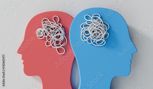 Relationship issues. two heads with complex tangled brain. 3D Rendering