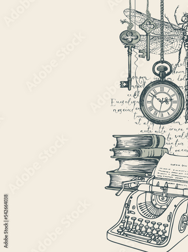 Vector banner on a writers theme with sketches and place for text. Writer workspace. Vintage illustration with hand-drawn typewriter, books, dragonfly and unreadable handwritten notes