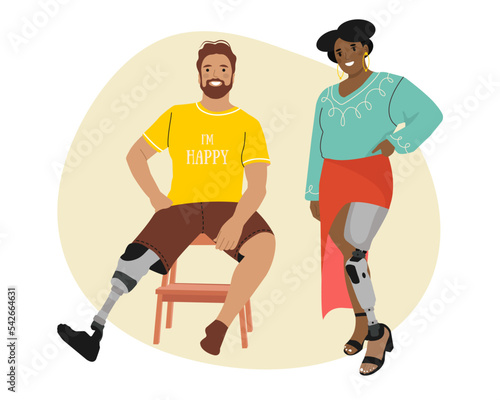 Young multicultural couple of special People. People Prosthesis, amputation, inclusion. Vector illustration.
