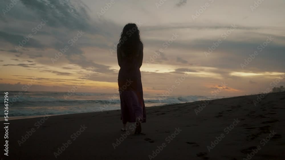 Back View Of A Lonely Woman Walking On The Sandy Shoreline. Tilt-down Back View Of A Lonely Woman Walking On The Sandy Shoreline. Tilt-down
