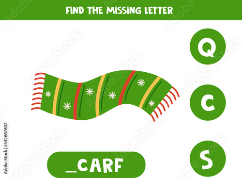 Find missing letter with winter scarf. Spelling worksheet.