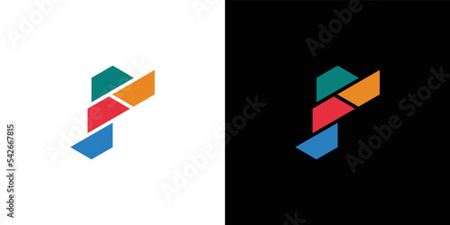 White and black split background with a logo of four small colorful trapezoids on each