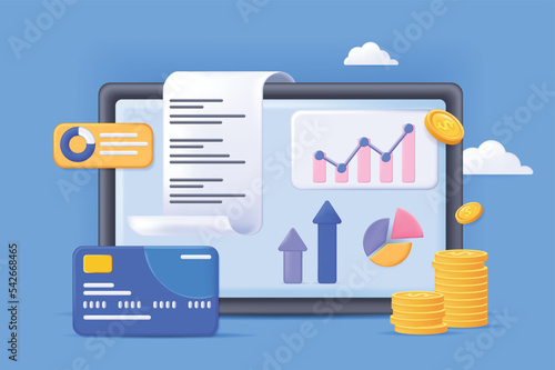 Realistic concept of business financial report scene without people in 3D cartoon style. Image of the financial report and statistics of financial expenses. Vector illustration.