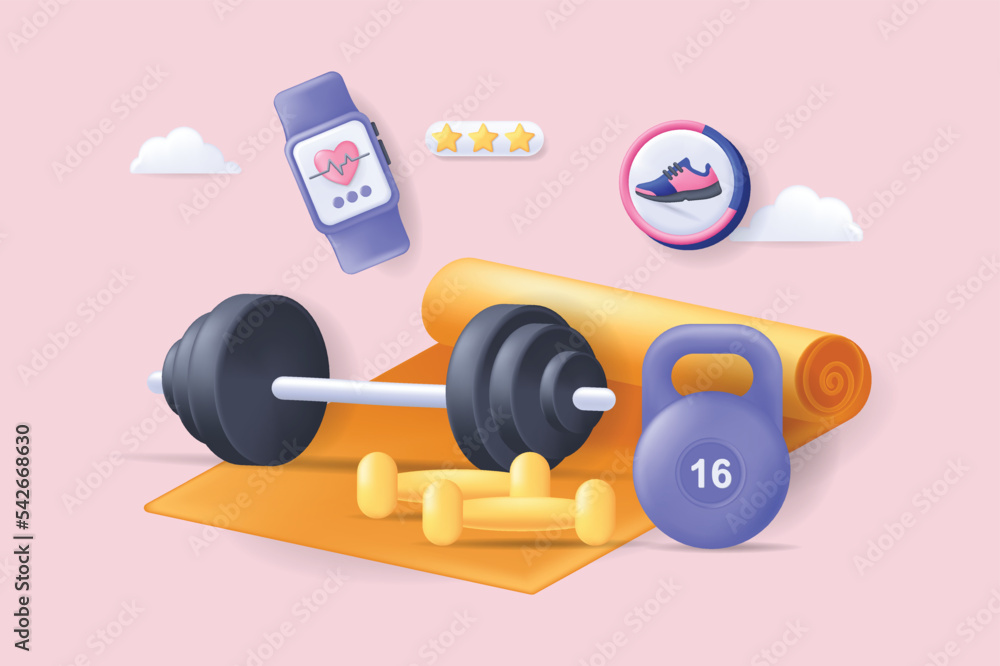 Realistic concept of fitness scene without people in 3D cartoon style.  Image of physical exercise equipment. Vector illustration. Stock Vector