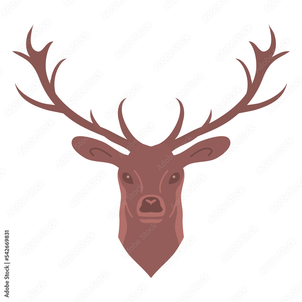 Red deer head with big antlers. Standing and looking. Forest herbivore animal. Faina and wildlife. Flat vector illustration isolated on white background Red deer head with big antlers. Standing and looking. Forest herbivore animal. Faina and wildlife. Flat vector illustration isolated on white background