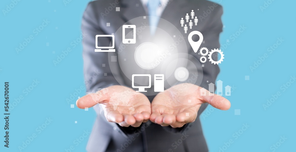 Hand hold an infographic icon on color background Hand hold an infographic icon on color background
