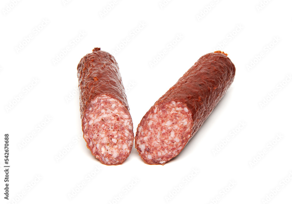 Pork and venison salami smoked, matured sausage isolated on white background Pork and venison salami smoked, matured sausage isolated on white background