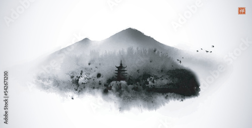 Ink wash painting with misty forest mountains and pagoda temple. Traditional oriental ink painting sumi-e, u-sin, go-hua. Translation of hieroglyph - zen