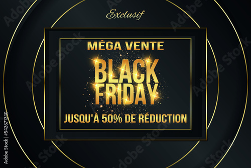 Obraz na płótnie carte ou bandeau pour les black friday avec des mégas ventes jusqu'à 50% de réduction on or dans des rectangles et des ronds de couleur or sur un fond noir avec des paillettes et des étoiles w salonie