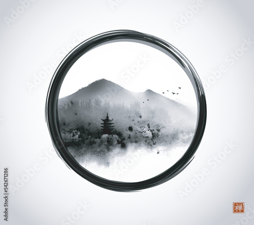 Ink wash painting with misty forest mountains and pagoda temple in black enso zen circle. Traditional oriental ink painting sumi-e, u-sin, go-hua. Translation of hieroglyph - zen