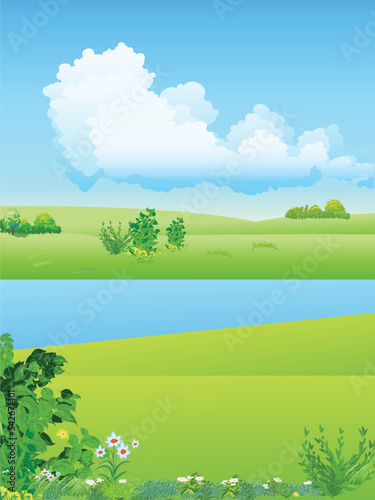 Fototapeta Naklejka Na Ścianę i Meble -  River in the summer. Beautiful landscape with blue sky and clouds in the background. Vector illustration.