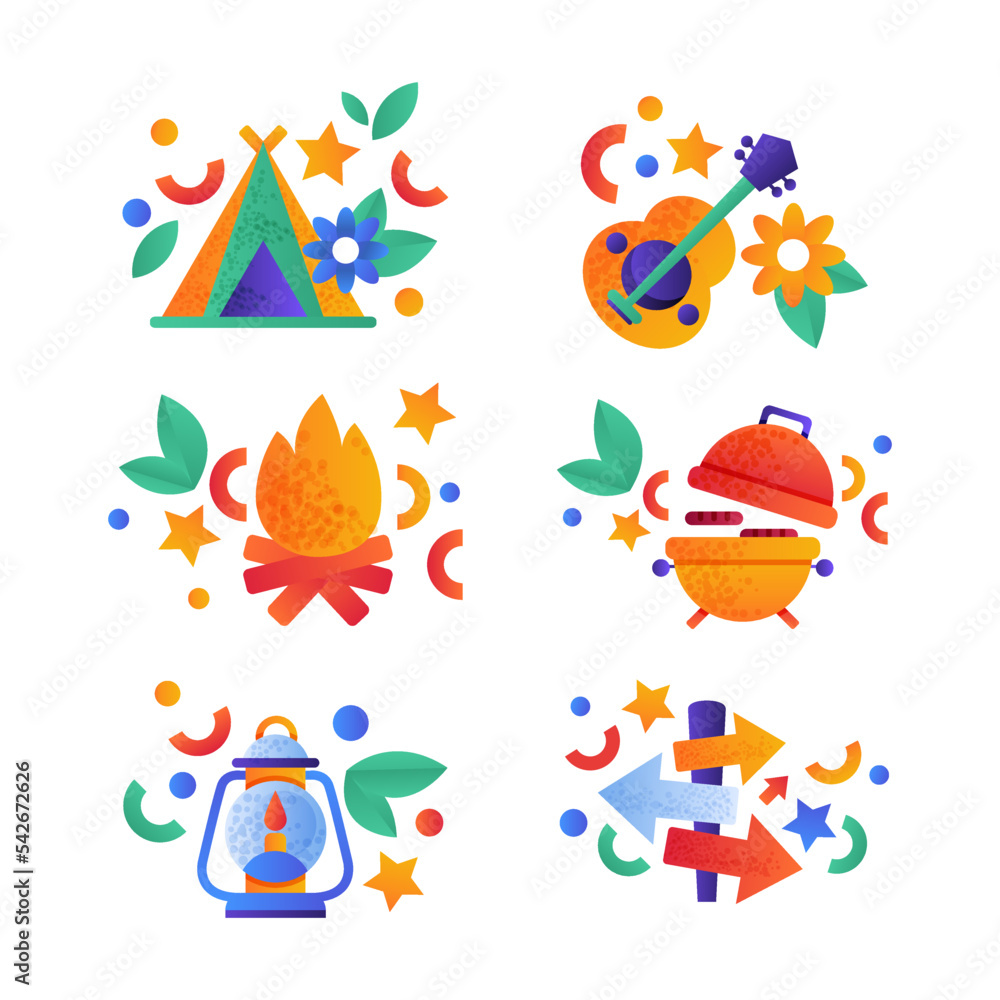 Fototapeta premium Summer Camping and Vacation with Tourism and Hiking Object Vector Set