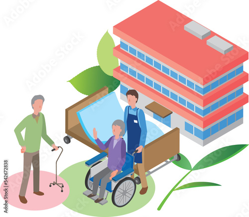 介護施設の高齢男性と車いすに乗った高齢女性