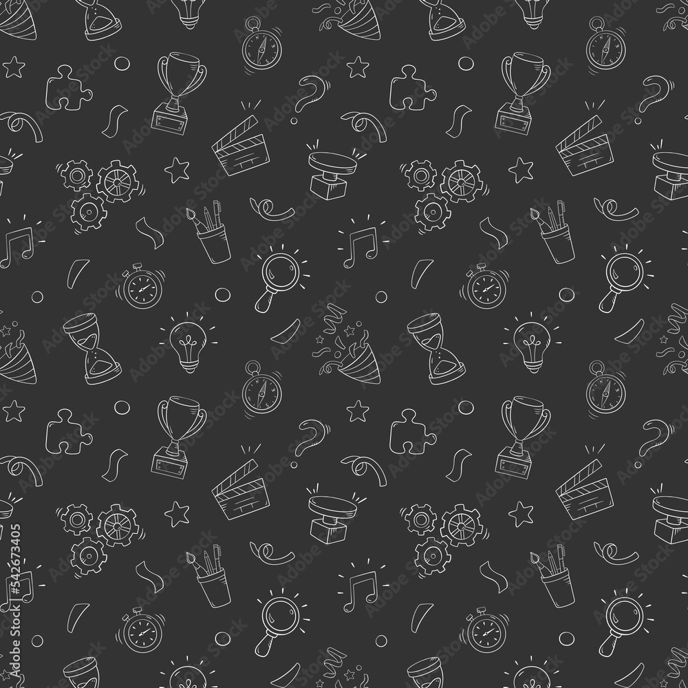 Quiz seamless pattern in doodle style, vector illustration. Back to school concept, stationery symbols on a white background. Pattern hand drawn for print and game quiz