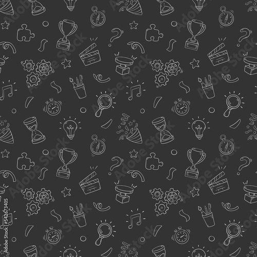 Quiz seamless pattern in doodle style  vector illustration. Back to school concept  stationery symbols on a white background. Pattern hand drawn for print and game quiz