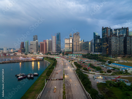 Aerial view of Singapore business district and city at twilight in Singapore, Asia © ake1150
