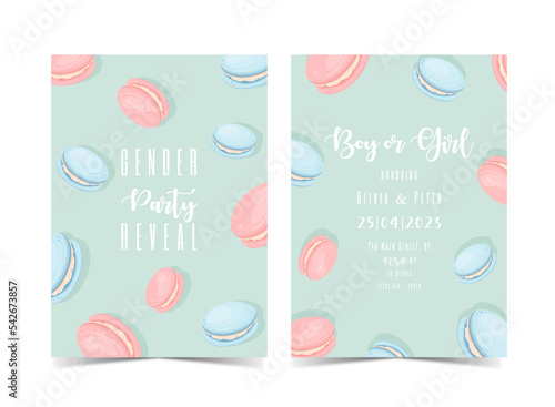  Invitation for gender reveal party with macarons blue and pink. Vector flat illustration for card, , design, flyer, poster, decor, banner, web, advertising.