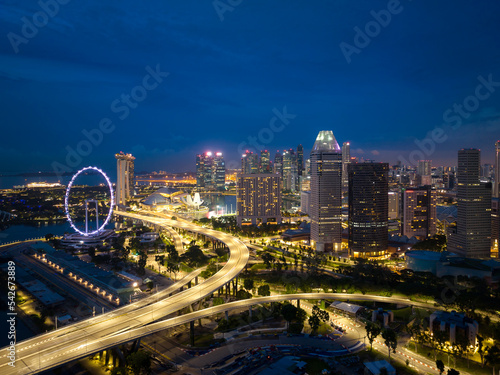Aerial view of Singapore business district and city at twilight in Singapore, Asia