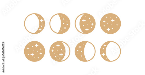 Moon phase linear icons with stars. Gold crescent moon, astronomic boho logo. Vector illustration isolated on white background.