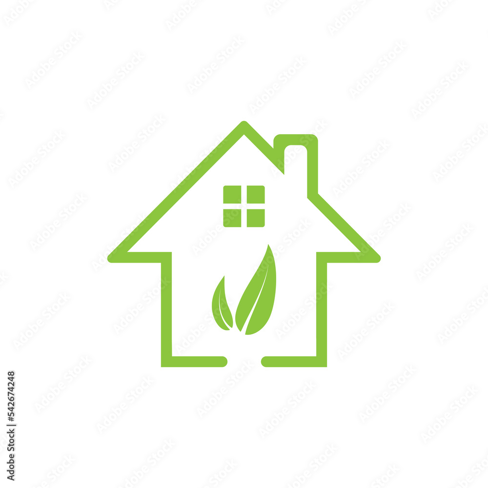 Ecohouse icon with location icon and green leaves.Vector illustration isolated on white background. Ecohouse icon with location icon and green leaves.Vector illustration isolated on white background.