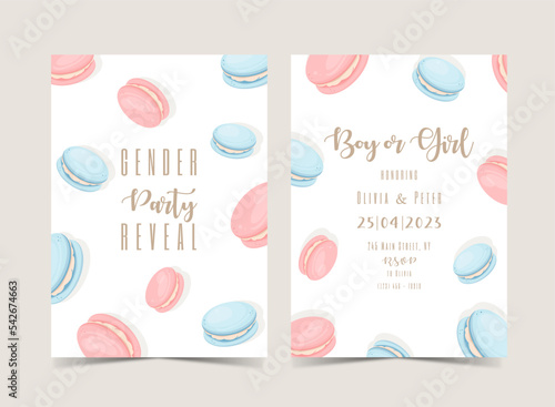  Invitation for gender reveal party with macarons blue and pink. Vector flat illustration for card, , design, flyer, poster, decor, banner, web, advertising.