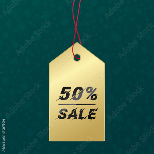 50% sale sign. Vector gold label on green background. Snowflakes and stars winter pattern. Golden illustration for business, shopping, advertising, web design