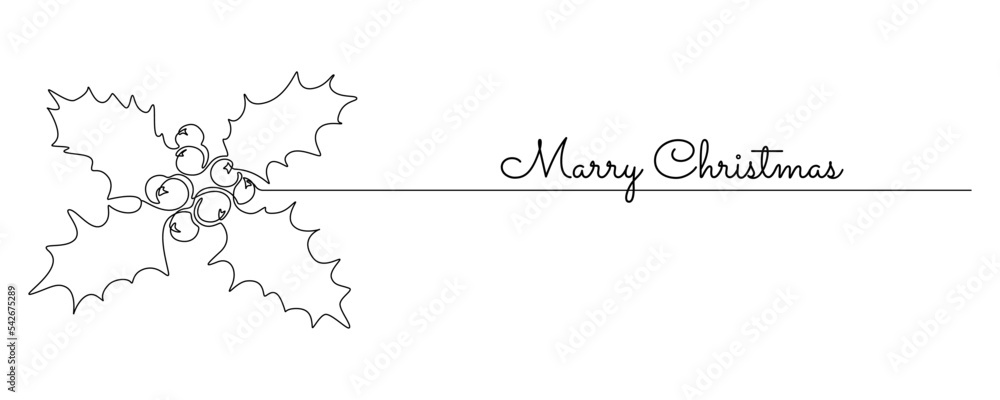 Christmas Holly in One continuous line drawing. Festive aquifolium plant leaves and berry in simple linear style. Template for greeting cards, t-shirt prints, poster, logo. Doodle vector illustration Christmas Holly in One continuous line drawing. Festive aquifolium plant leaves and berry in simple linear style. Template for greeting cards, t-shirt prints, poster, logo. Doodle vector illustration