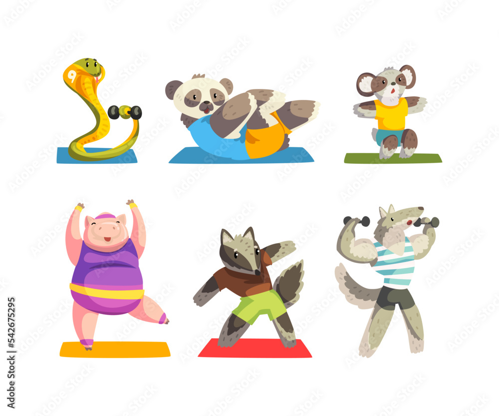 Sportive Animals Wearing Uniform Doing Physical Exercises Using Sport Equipment Vector Set