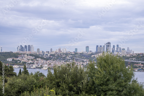 Wide-angle Istanbul Bosphorus and urban view from Nakkastepe National Garden, Trees and cloudy weather, Istanbul tourism banner, Istanbul lanscape, skyscraper and buildings