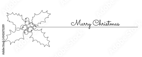 Christmas Holly in One continuous line drawing. Festive aquifolium plant leaves and berry in simple linear style. Template for greeting cards, t-shirt prints, poster, logo. Doodle vector illustration