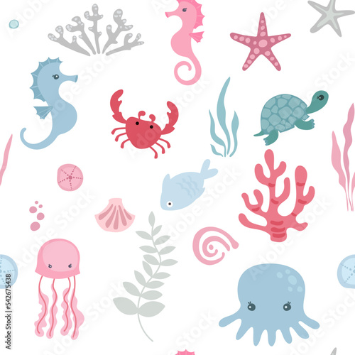 cute undersea animals  cartoon style childish seamless pattern