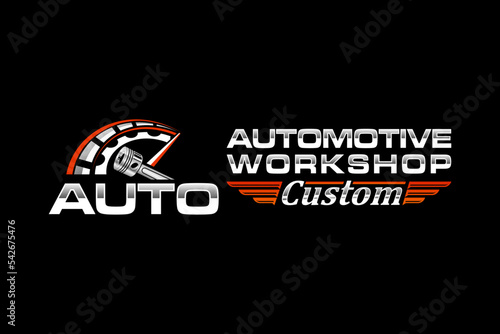 Automotive piston workshop logo design speedo meter badge style custom car service engine tune up icon symbol illustration