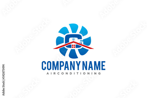 Air conditioning Cooling and heating house logo design blower fan and snowflake icon symbol roof window 