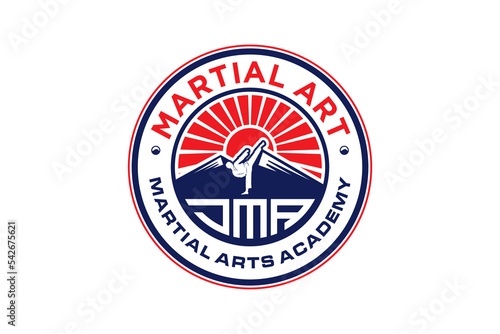 Martial art logo badge style ap chagi dollyo chagi mountain and sunset element rounded shape photo