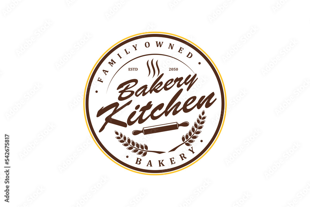 Bakery kitchen logo design with rolling pin cake bake icon vintage badge food drink Bakery kitchen logo design with rolling pin cake bake icon vintage badge food drink