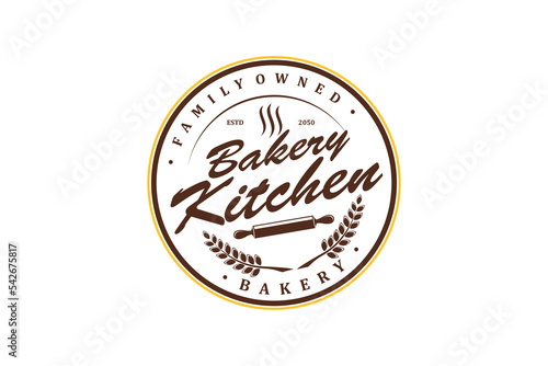 Bakery kitchen logo design with rolling pin cake bake icon vintage badge food drink
