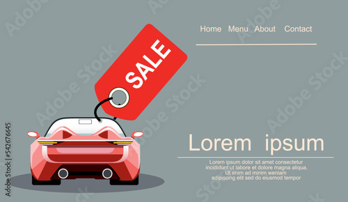 Car  sale, flat cartoon automobile with sale tag, idea of rent or buy service promotion label