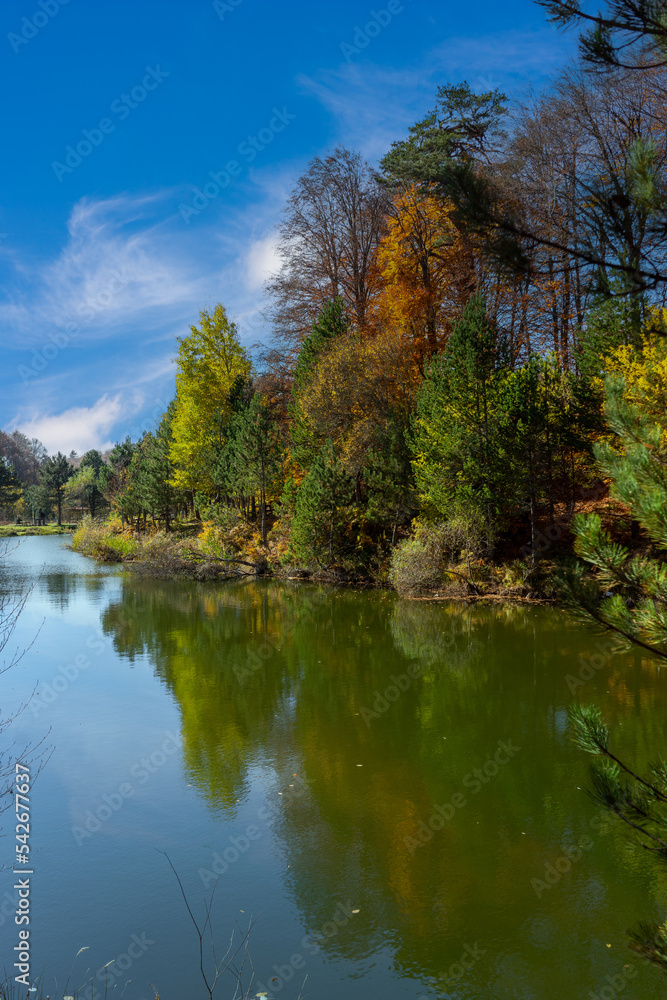 Autumn Colorful Foliage Over Lake with Beautiful Woods in Red and Yellow Color. Domaniç, Kütahya - Türkiye Autumn Colorful Foliage Over Lake with Beautiful Woods in Red and Yellow Color. Domaniç, Kütahya - Türkiye